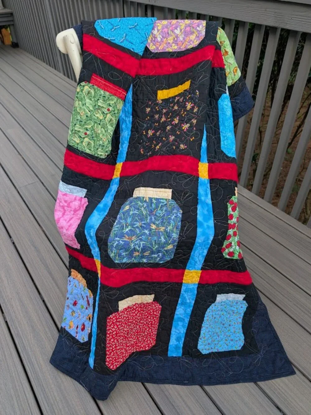 Bug Collection in Jars Quilt Black & Vibrant Colors 56 x 44